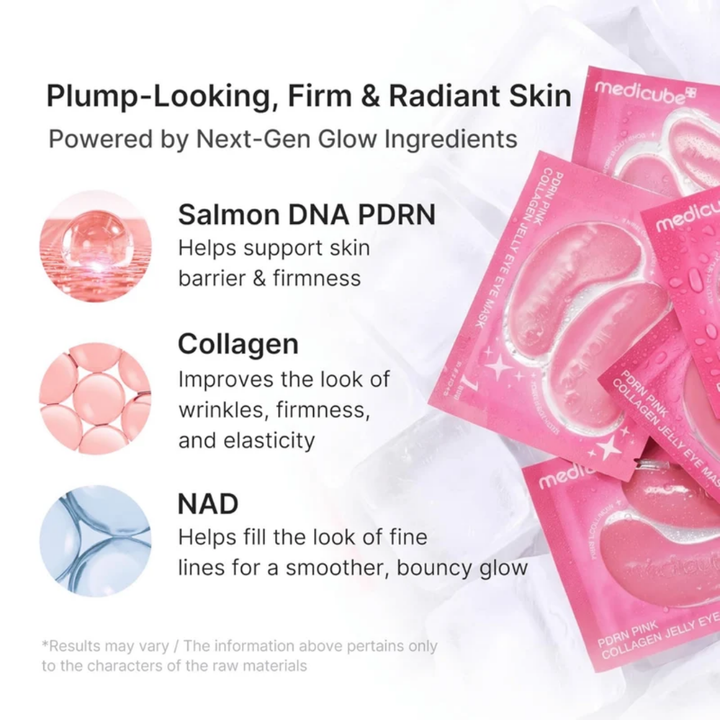 Medicube Pdrn Pink Collagen Jelly Eye Mask 6Pcs - key ingredients Salmon DNA PDRN, Collagen, NAD