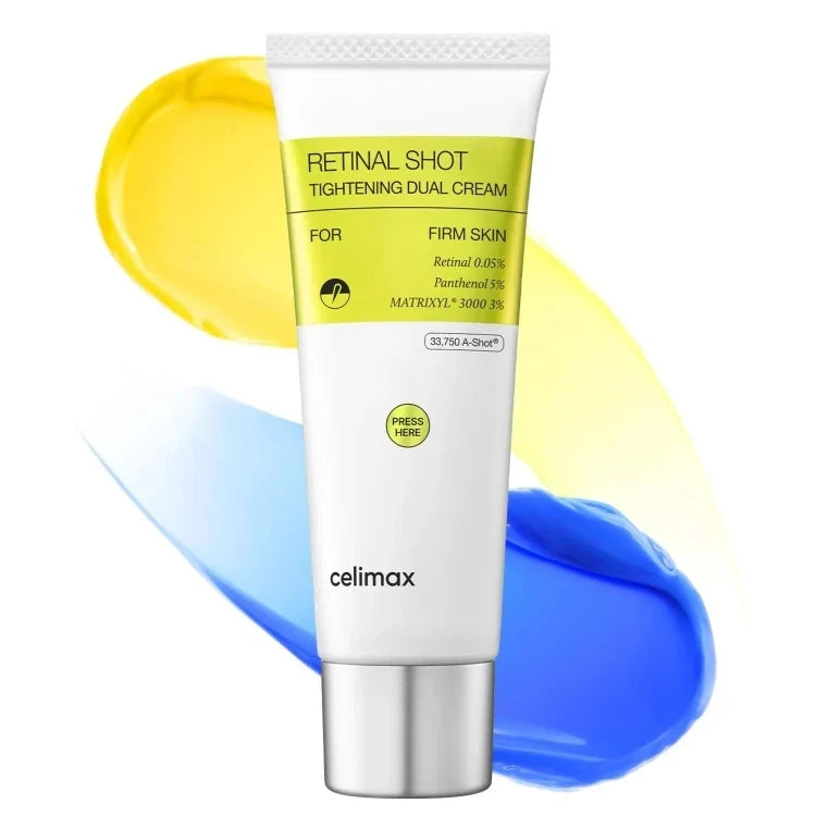 Celimax THE VITA-A Retinal Shot Tightening Dual Cream - tube with yellow retinal and blue panthenol texture swatches